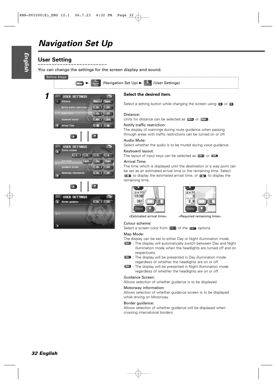 Navigation set up, English, User setting | Kenwood KNA-DV3200 User Manual | Page 32 / 60