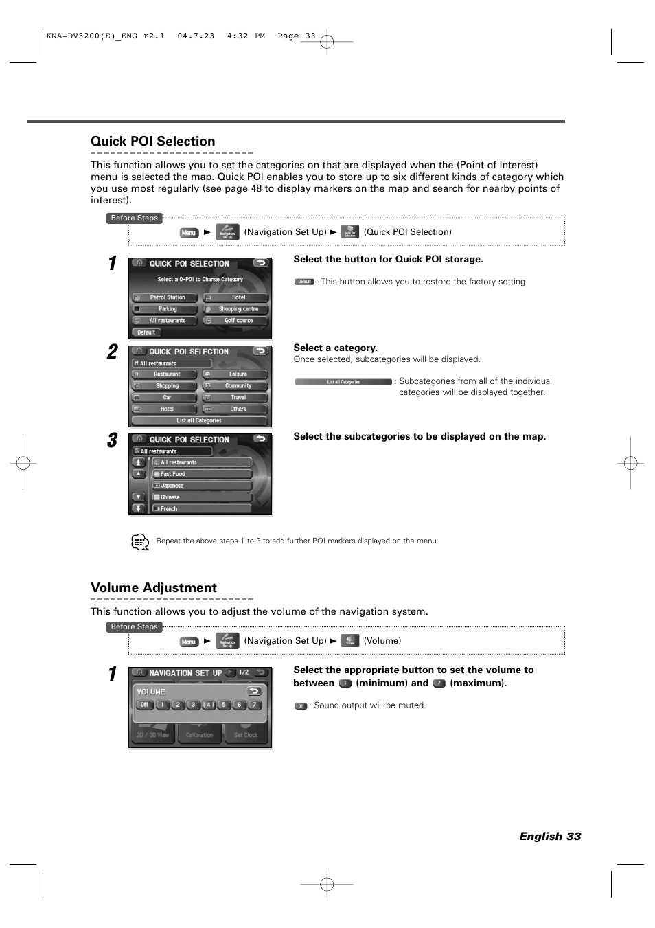 Quick poi selection, Volume adjustment | Kenwood KNA-DV3200 User Manual | Page 33 / 60