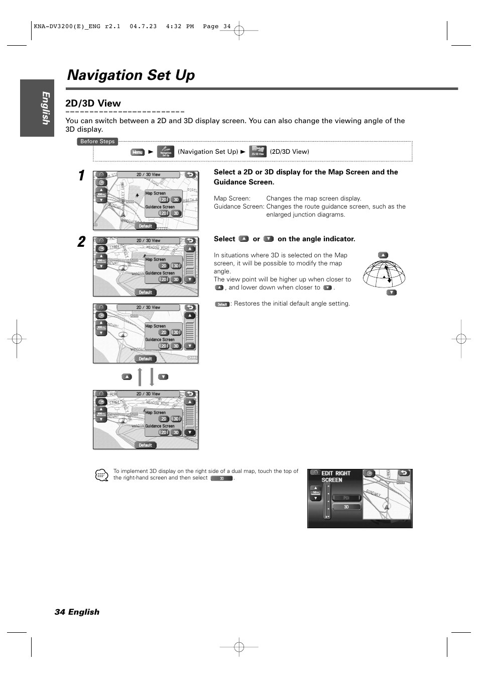 Navigation set up, English, 2d/3d view | Kenwood KNA-DV3200 User Manual | Page 34 / 60