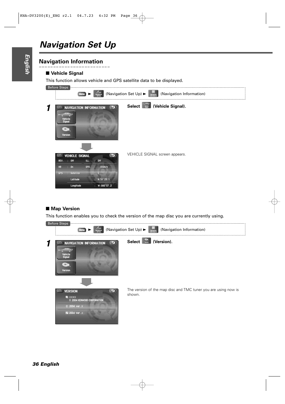 Navigation set up, English, Navigation information | Kenwood KNA-DV3200 User Manual | Page 36 / 60