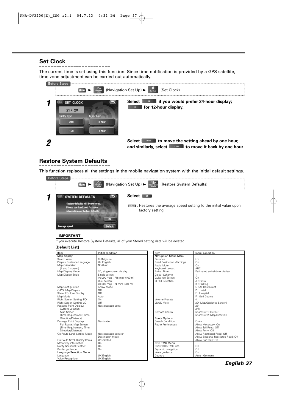 Set clock, Restore system defaults, English 37 | Select | Kenwood KNA-DV3200 User Manual | Page 37 / 60