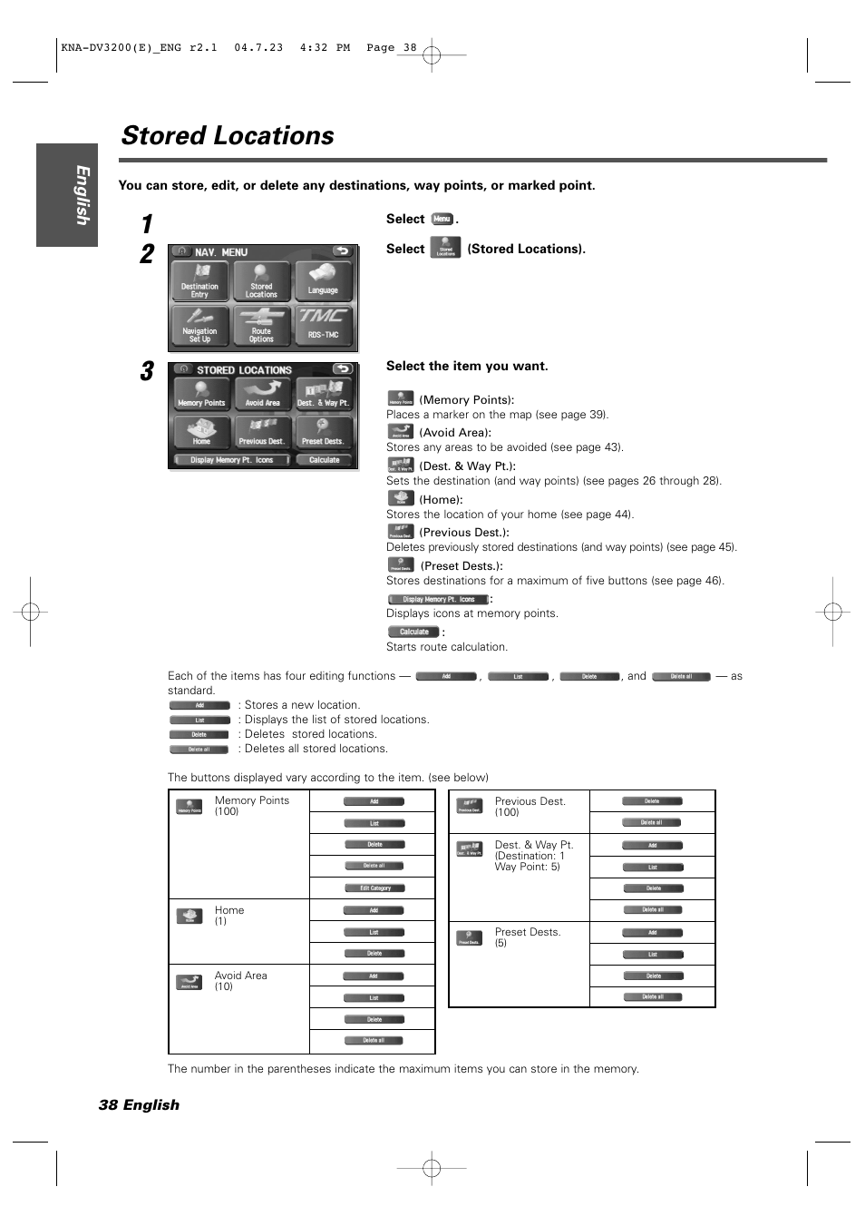Stored locations, English | Kenwood KNA-DV3200 User Manual | Page 38 / 60