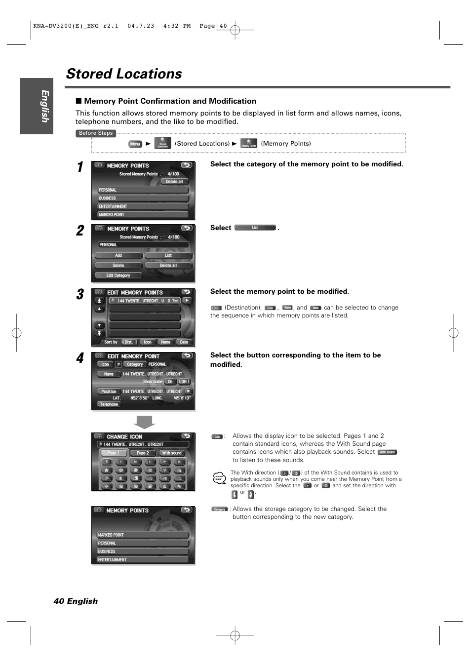 Stored locations, English | Kenwood KNA-DV3200 User Manual | Page 40 / 60