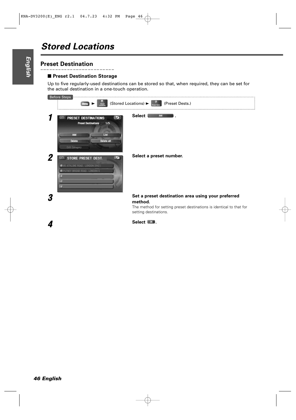 Stored locations | Kenwood KNA-DV3200 User Manual | Page 46 / 60