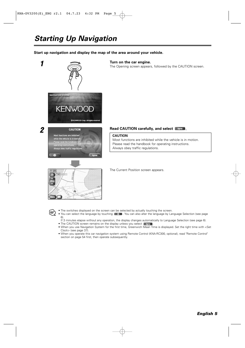 Starting up navigation | Kenwood KNA-DV3200 User Manual | Page 5 / 60