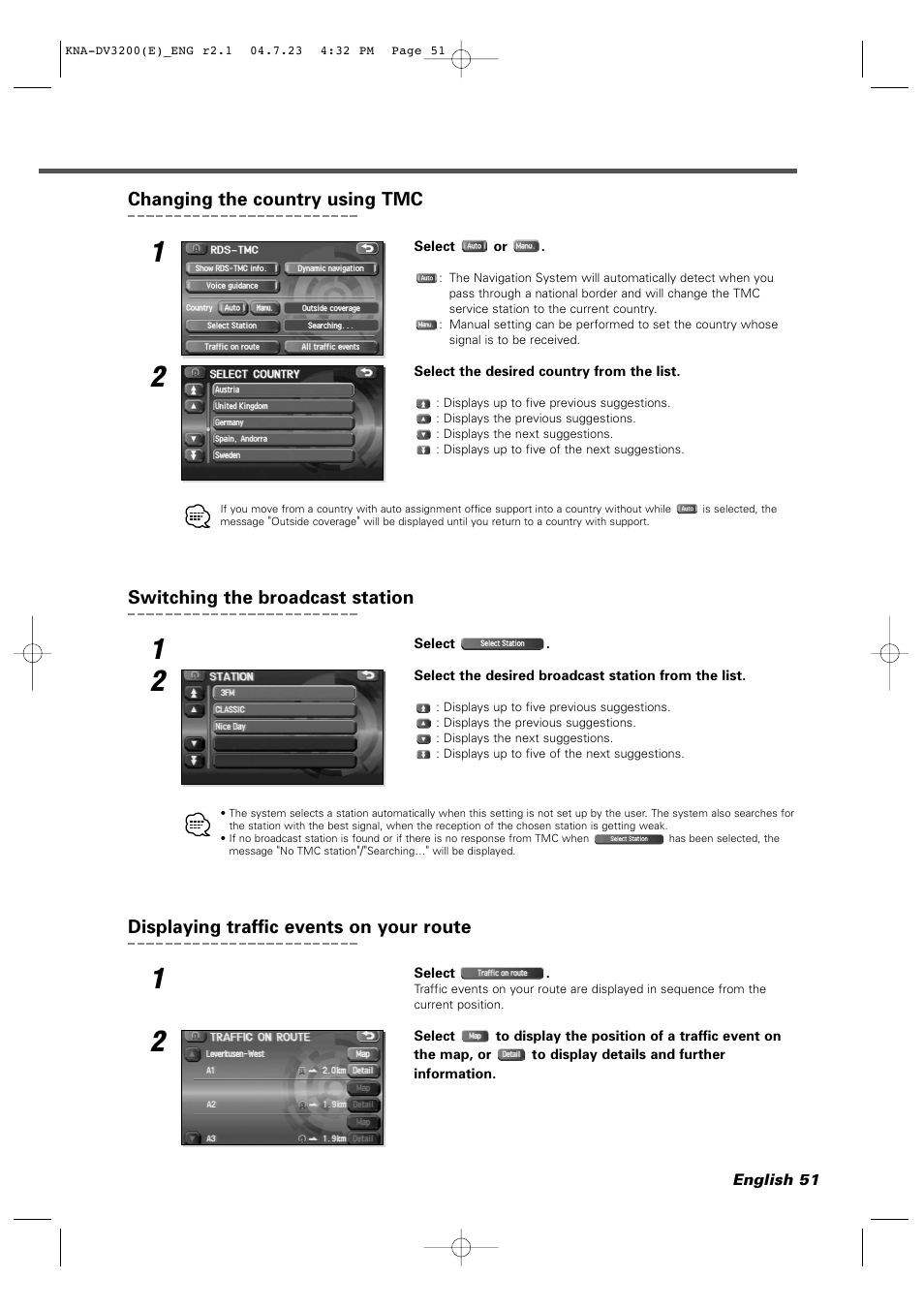 Changing the country using tmc, Switching the broadcast station, Displaying traffic events on your route | Kenwood KNA-DV3200 User Manual | Page 51 / 60