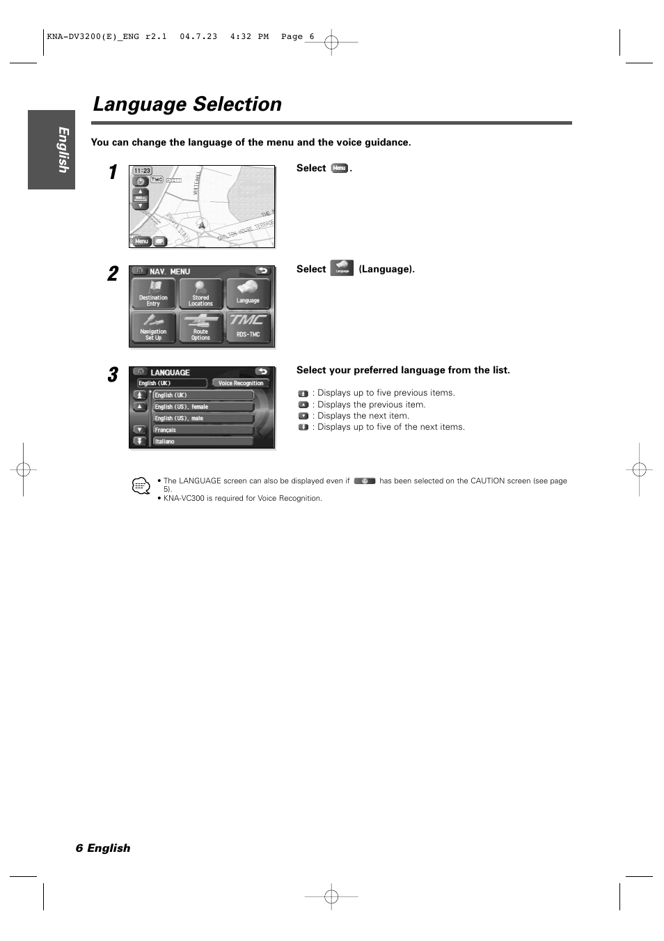 Language selection | Kenwood KNA-DV3200 User Manual | Page 6 / 60