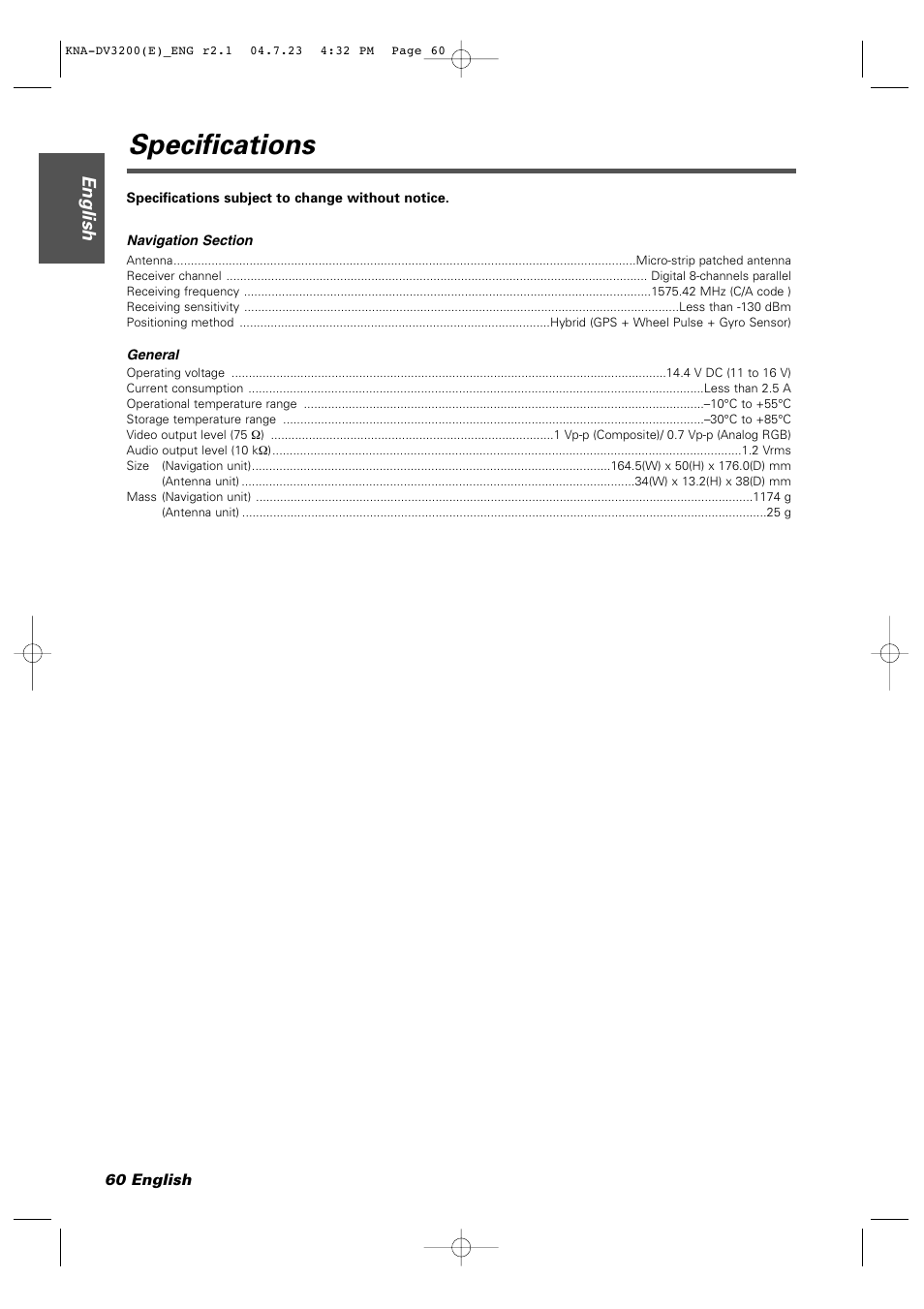 Specifications, English | Kenwood KNA-DV3200 User Manual | Page 60 / 60