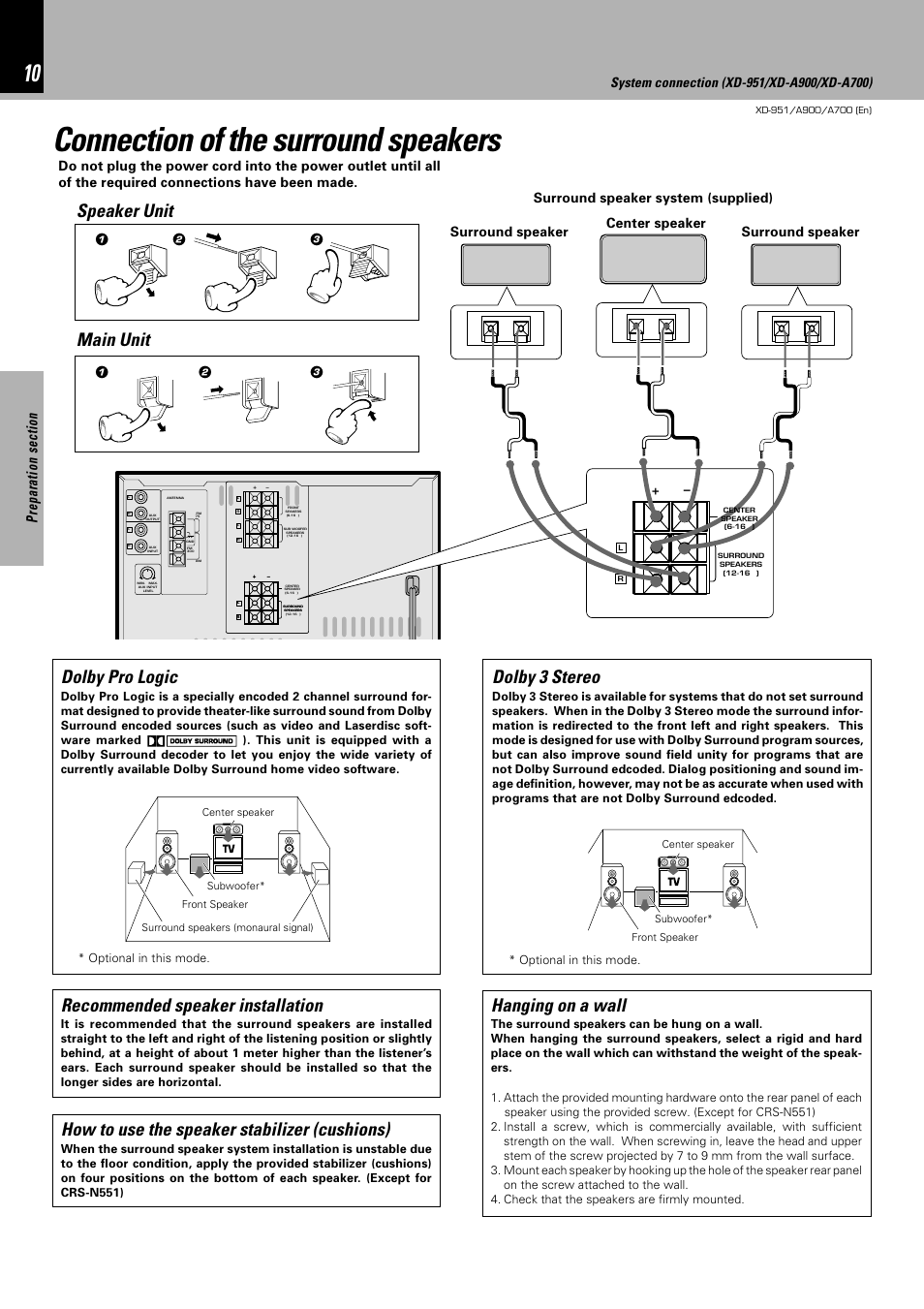 Connection of the surround speakers, Main unit speaker unit, Dolby pro logic | Dolby 3 stereo, How to use the speaker stabilizer (cushions), Recommended speaker installation, Hanging on a wall, Surround speaker, Optional in this mode | Kenwood XD-A700 User Manual | Page 10 / 68