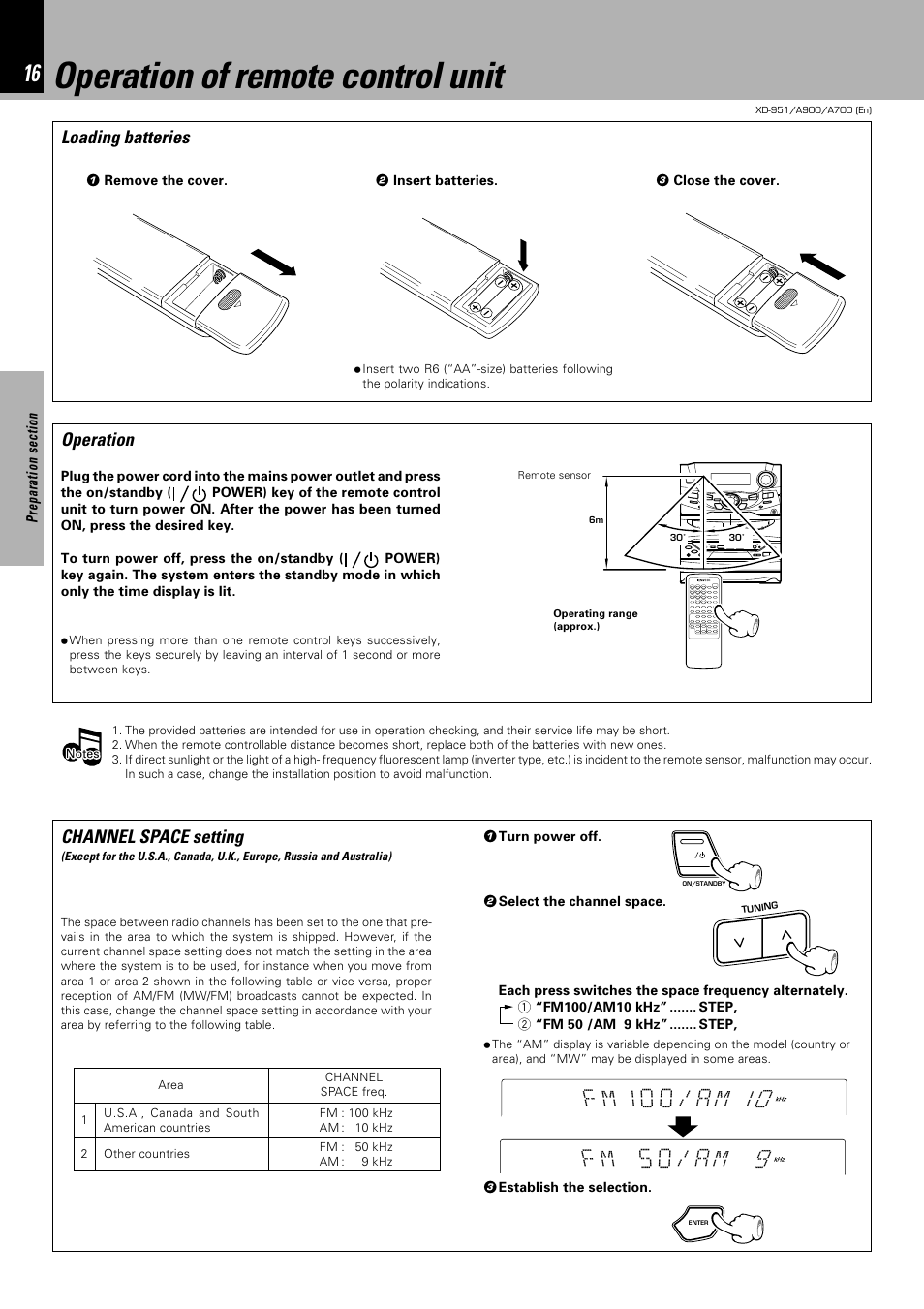 Operation of remote control unit, Operation, Loading batteries | Channel space setting | Kenwood XD-A700 User Manual | Page 16 / 68