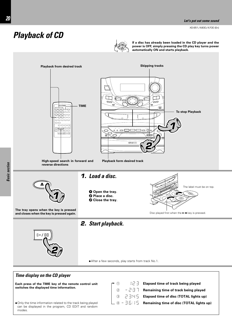 Playback of cd, Load a disc. 2. start playback | Kenwood XD-A700 User Manual | Page 20 / 68