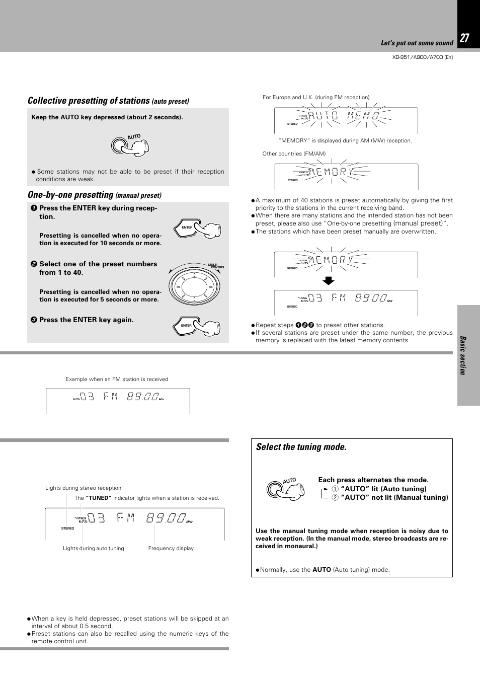 Collective presetting of stations, Select the tuning mode, One-by-one presetting | Kenwood XD-A700 User Manual | Page 27 / 68