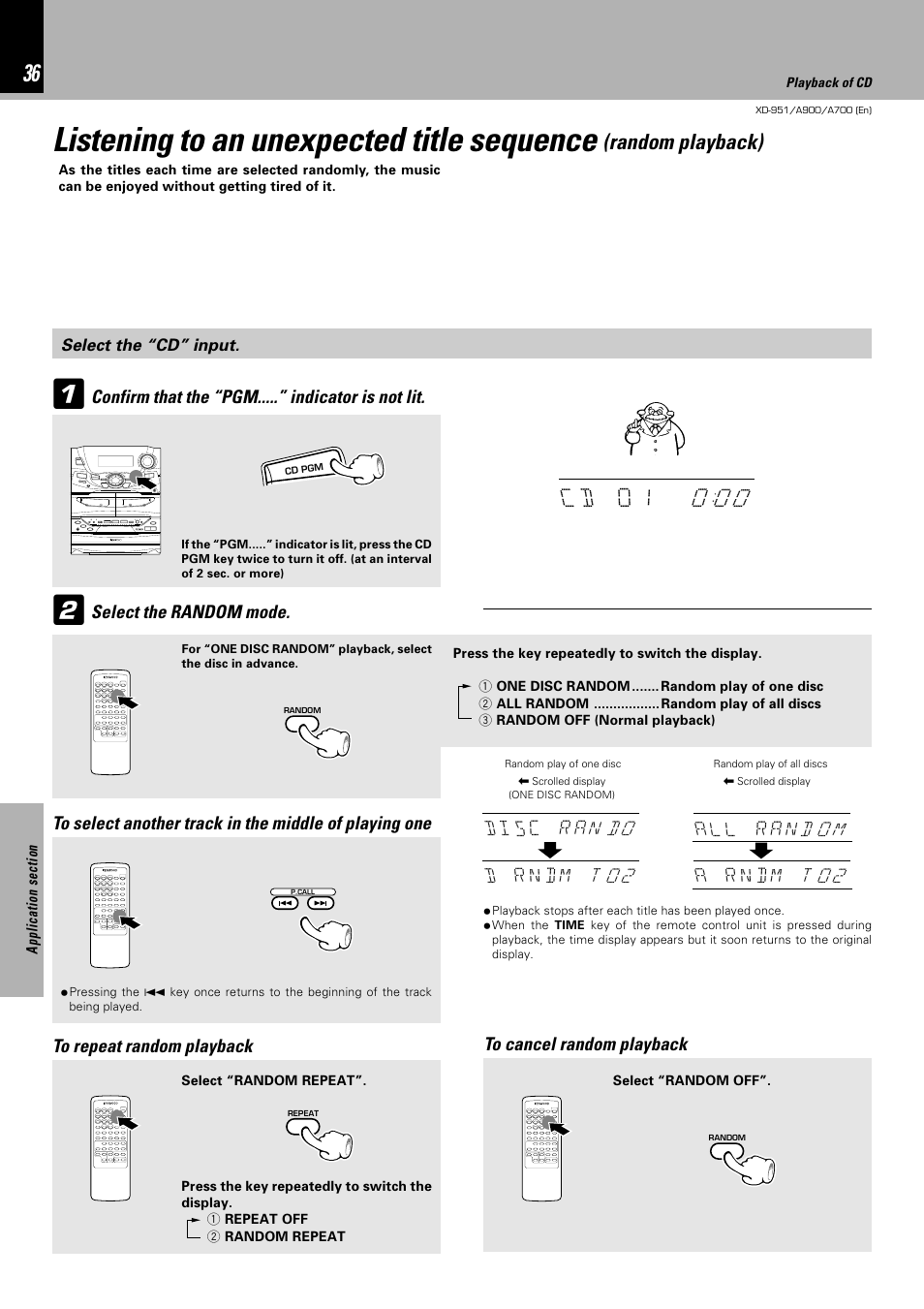 Listening to an unexpected title sequence, Random playback) | Kenwood XD-A700 User Manual | Page 36 / 68