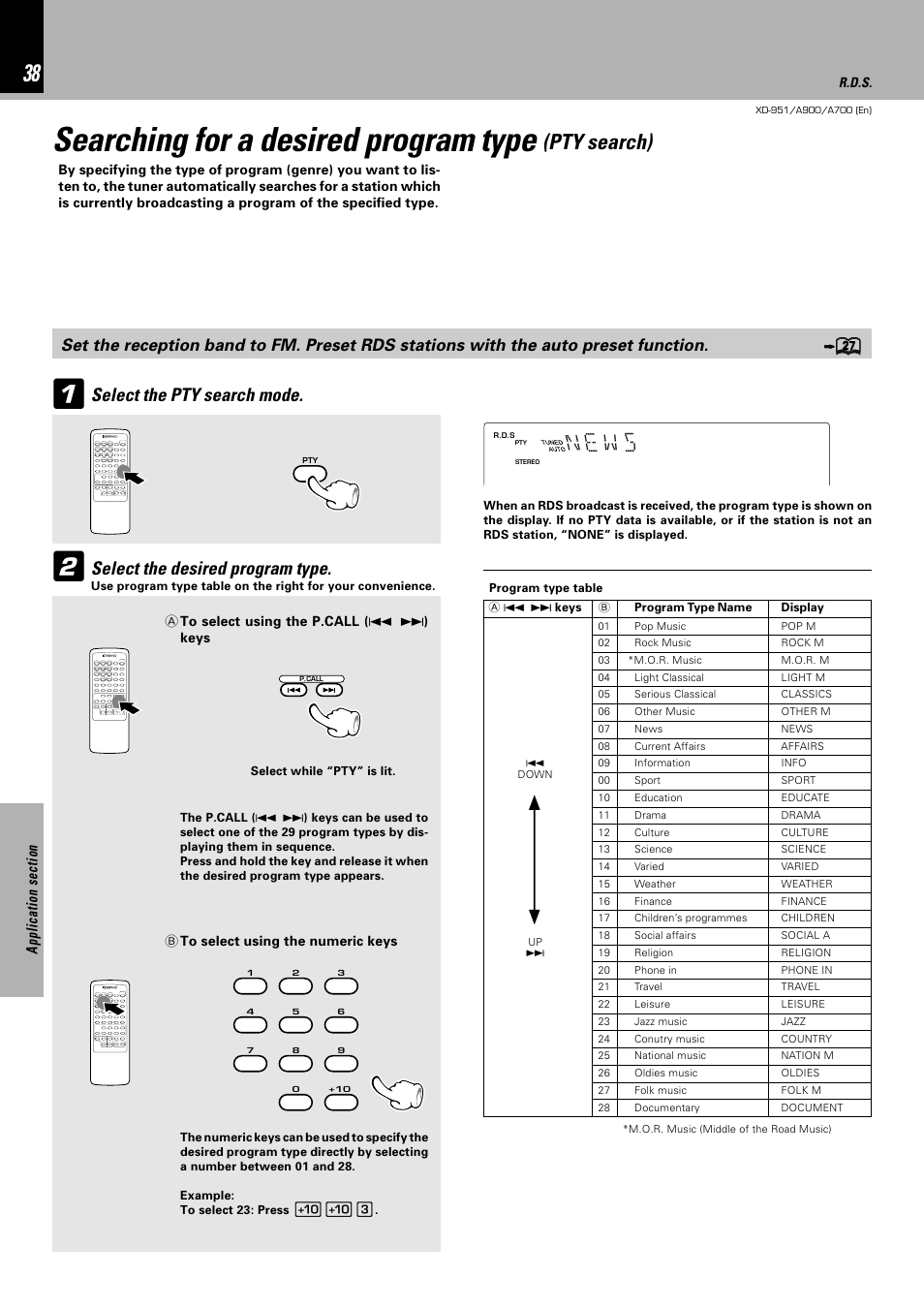 Searching for a desired program type, We n s, Pty search) | Select the pty search mode, Select the desired program type | Kenwood XD-A700 User Manual | Page 38 / 68