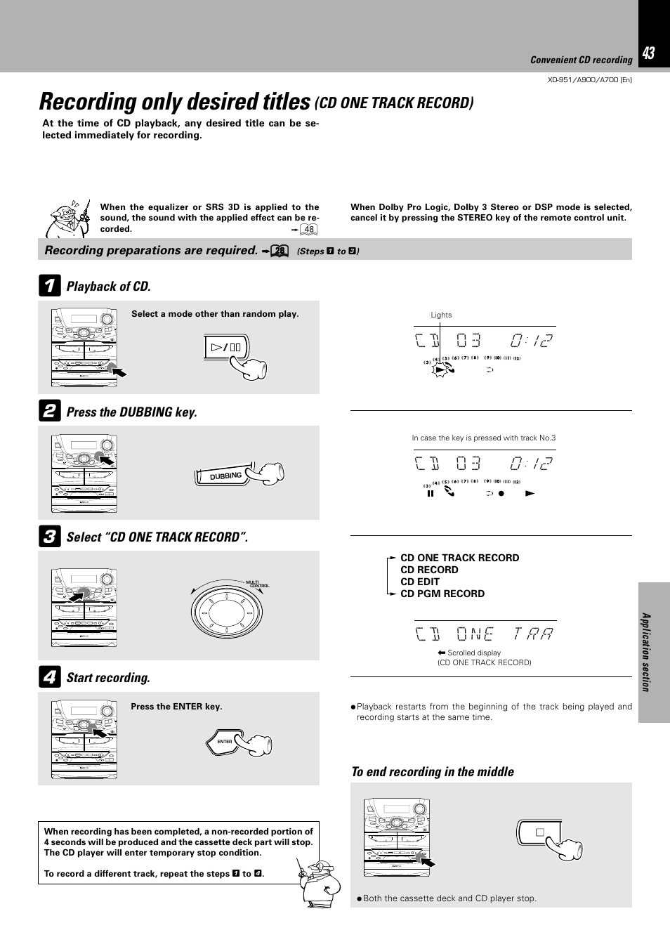 Recording only desired titles, Cd one track record) | Kenwood XD-A700 User Manual | Page 43 / 68