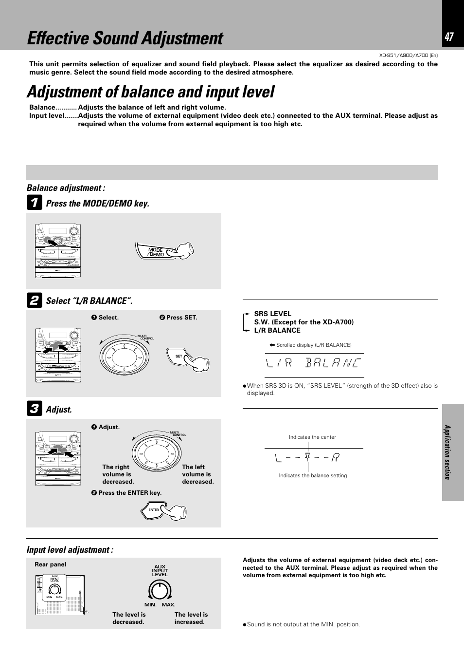 Effective sound adjustment, Adjustment of balance and input level, Y- - r - - l | Input level adjustment | Kenwood XD-A700 User Manual | Page 47 / 68