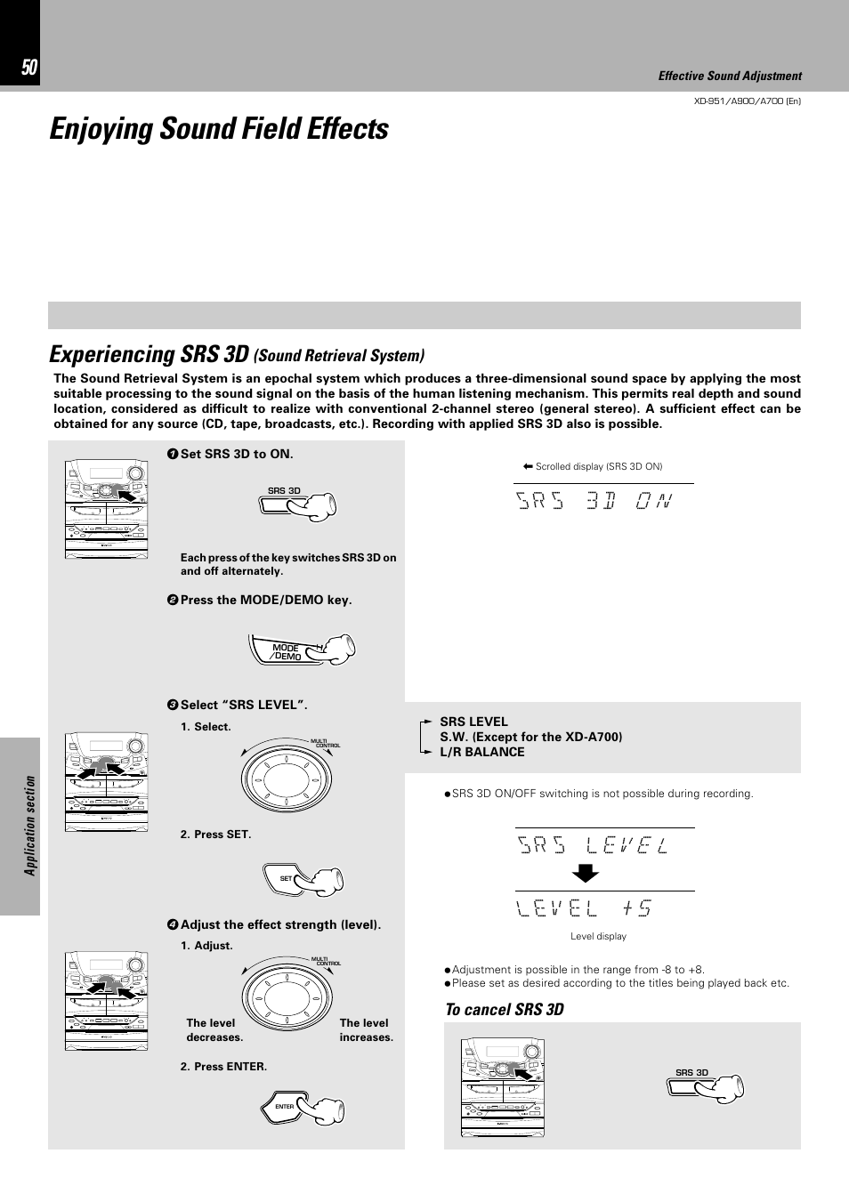 Enjoying sound field effects, Experiencing srs 3d | Kenwood XD-A700 User Manual | Page 50 / 68