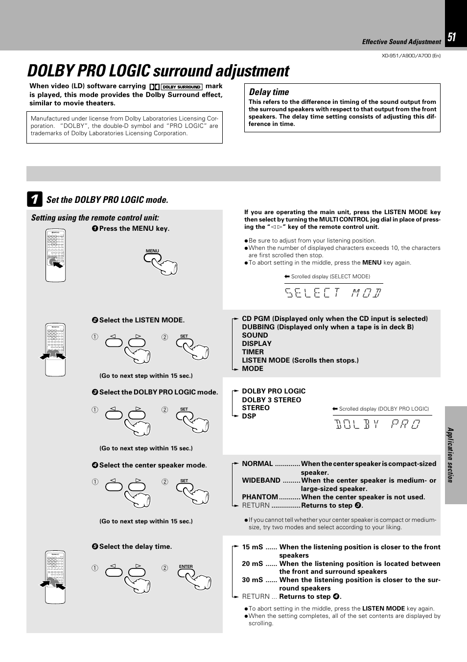 Dolby pro logic surround adjustment, Set the dolby pro logic mode, Delay time | Kenwood XD-A700 User Manual | Page 51 / 68