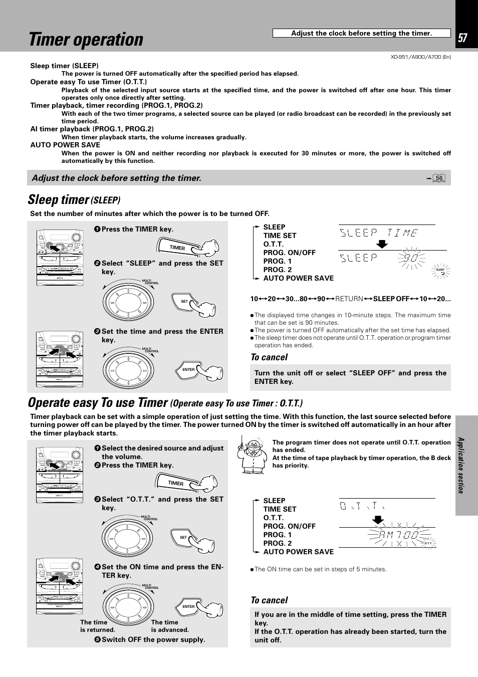 Timer operation, Operate easy to use timer, Sleep timer | Operate easy to use timer : o.t.t.), Sleep) | Kenwood XD-A700 User Manual | Page 57 / 68