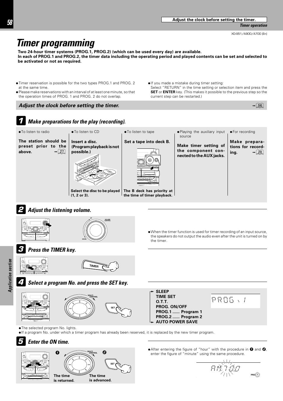 Timer programming, 1g o r p, Am7 o 0 | Select a program no. and press the set key, Press the timer key, Enter the on time | Kenwood XD-A700 User Manual | Page 58 / 68