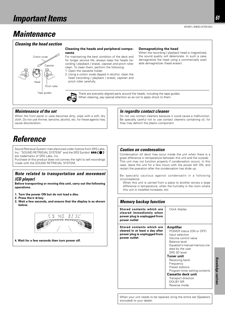 Important items, Reference maintenance, Caution on condensation | Maintenance of the set | Kenwood XD-A700 User Manual | Page 61 / 68