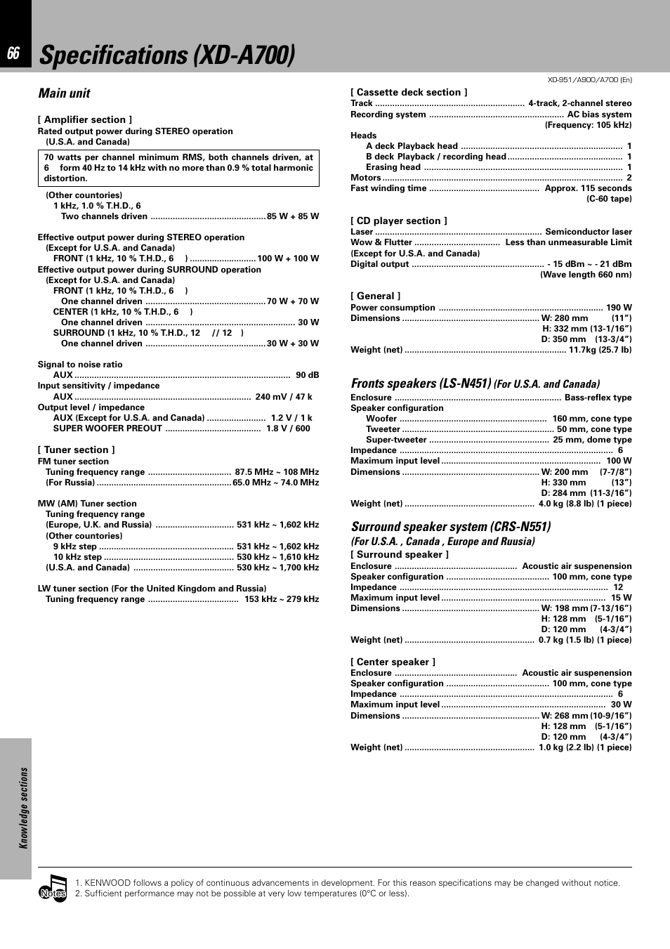 Specifications (xd-a700), Main unit, Fronts speakers (ls-n451) | Surround speaker system (crs-n551) | Kenwood XD-A700 User Manual | Page 66 / 68