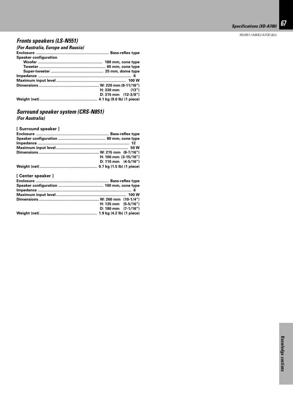 Fronts speakers (ls-n551), Surround speaker system (crs-n851) | Kenwood XD-A700 User Manual | Page 67 / 68