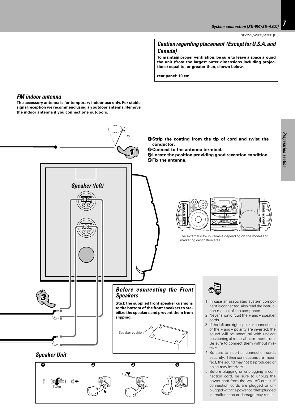 Speaker unit fm indoor antenna, Speaker (left), Before connecting the front speakers | Kenwood XD-A700 User Manual | Page 7 / 68