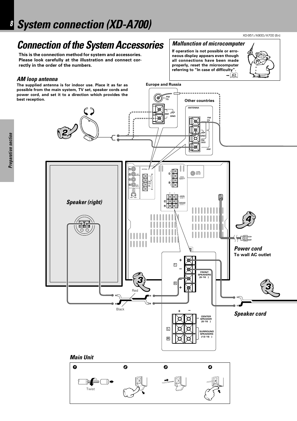 System connection (xd-a700), Connection of the system accessories, Am loop antenna | Power cord main unit speaker cord, Speaker (right), Malfunction of microcomputer | Kenwood XD-A700 User Manual | Page 8 / 68