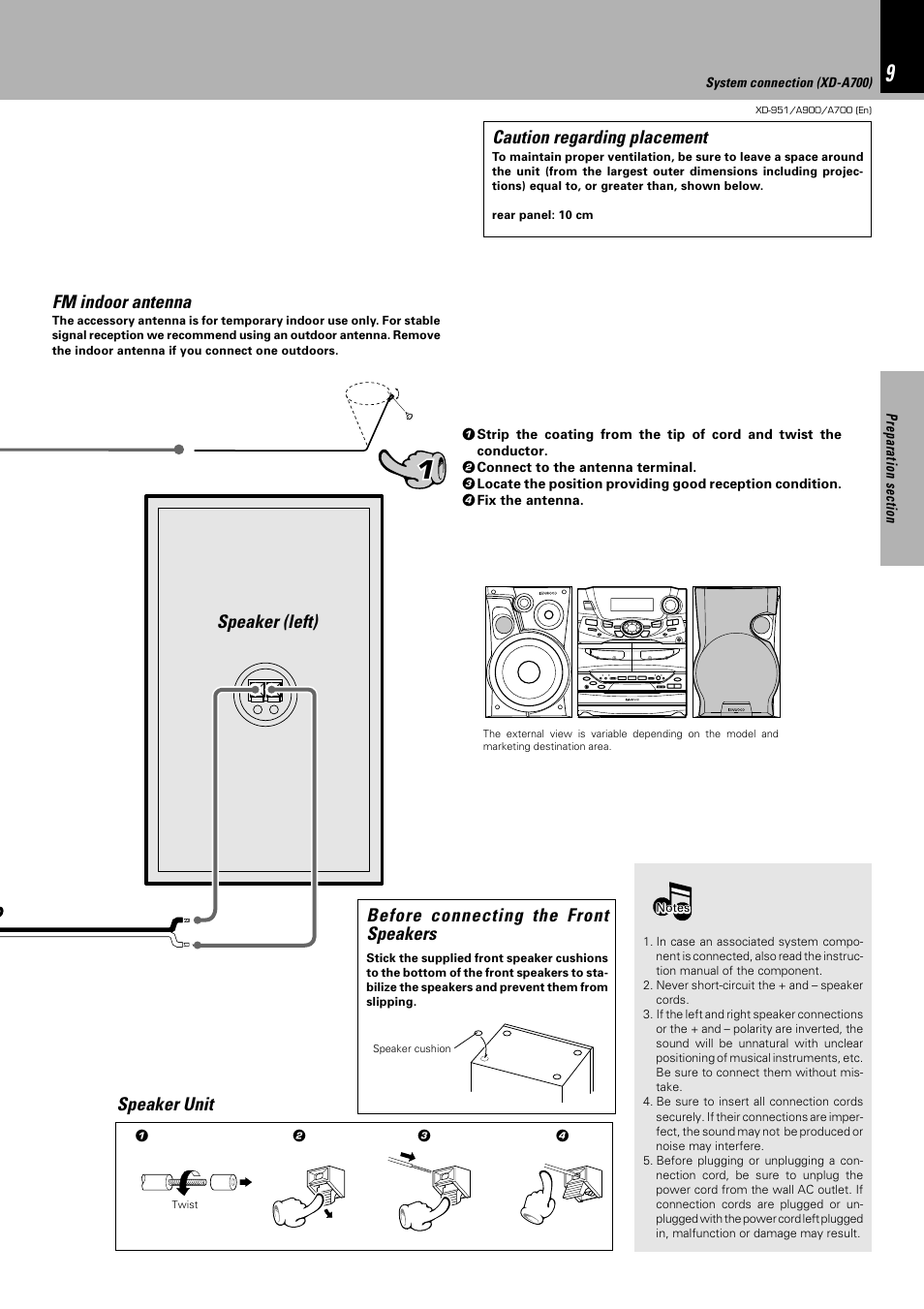 Speaker unit caution regarding placement, Fm indoor antenna, Speaker (left) | Before connecting the front speakers | Kenwood XD-A700 User Manual | Page 9 / 68