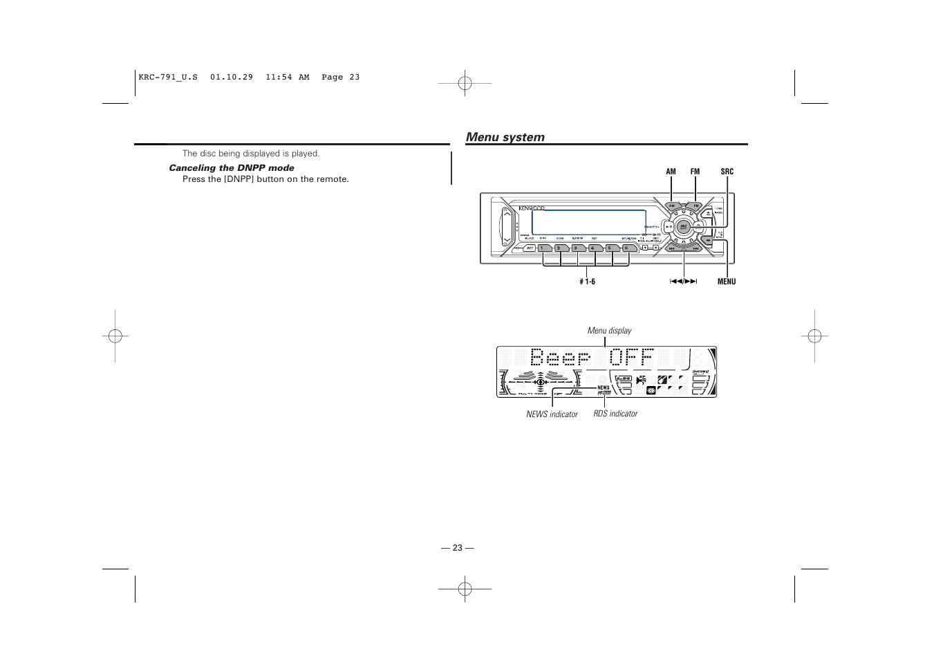 Menu system | Kenwood KRC-791 User Manual | Page 23 / 42