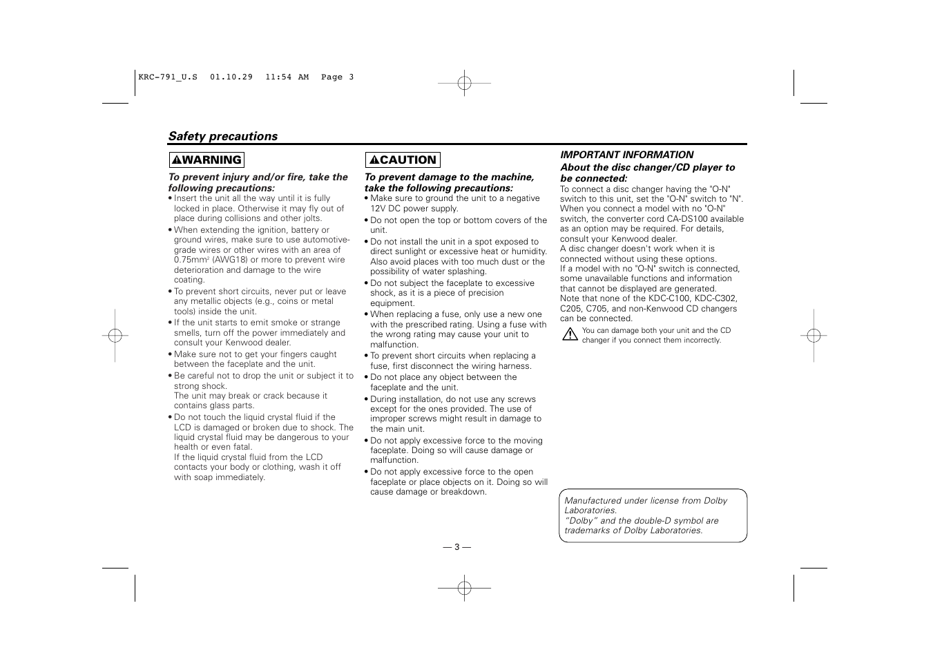 Safety precautions | Kenwood KRC-791 User Manual | Page 3 / 42