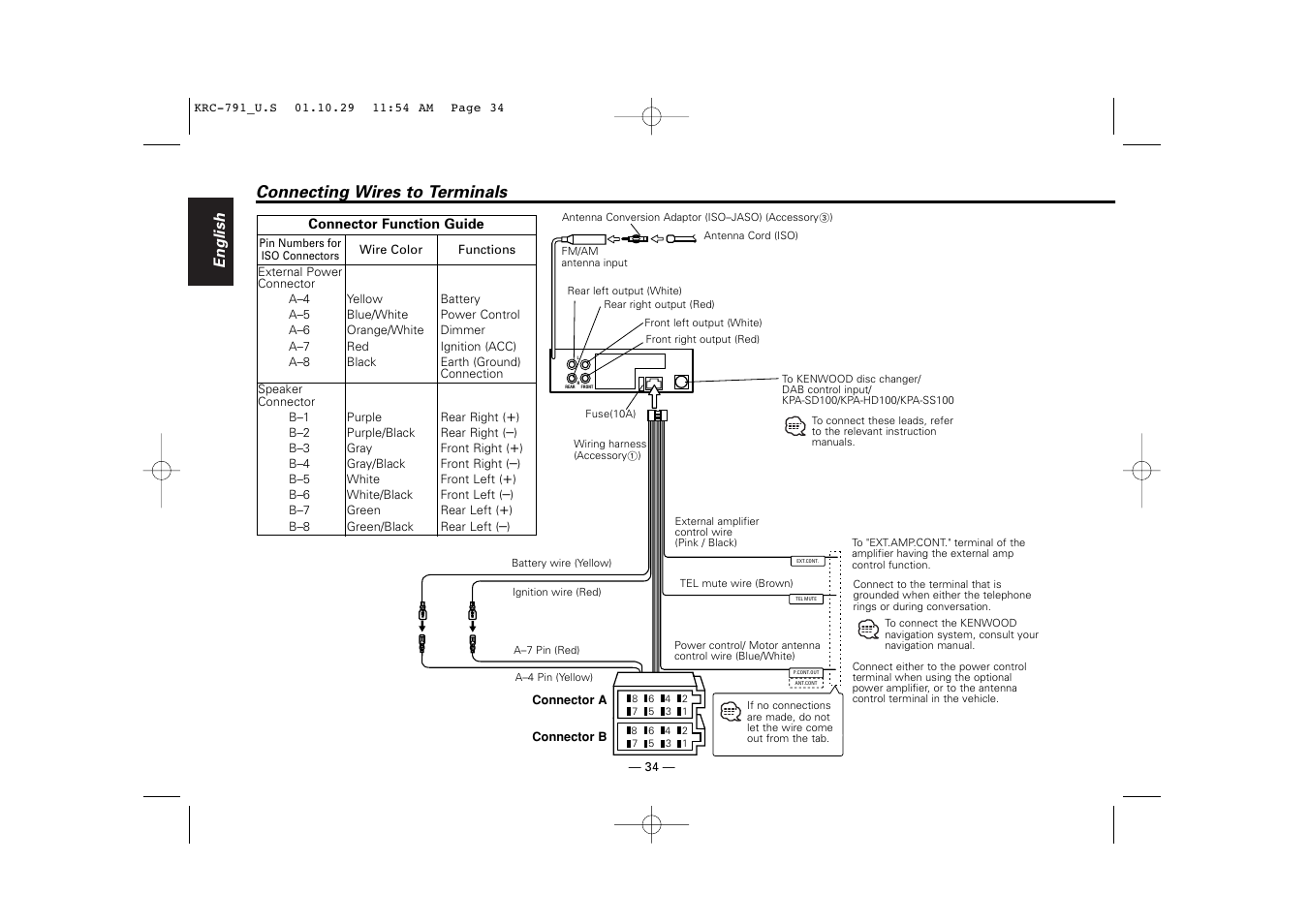 Connecting wires to terminals | Kenwood KRC-791 User Manual | Page 34 / 42