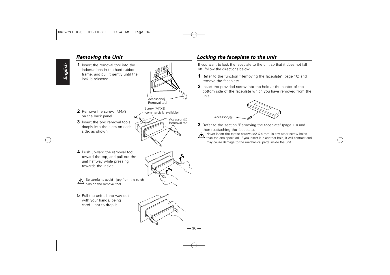 Removing the unit, Locking the faceplate to the unit | Kenwood KRC-791 User Manual | Page 36 / 42