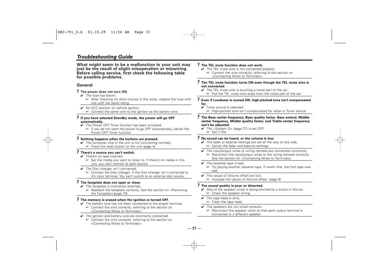 Troubleshooting guide | Kenwood KRC-791 User Manual | Page 37 / 42