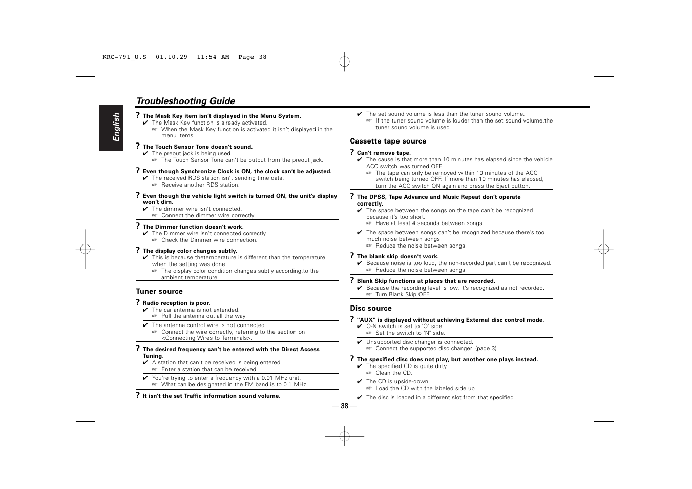 Troubleshooting guide | Kenwood KRC-791 User Manual | Page 38 / 42