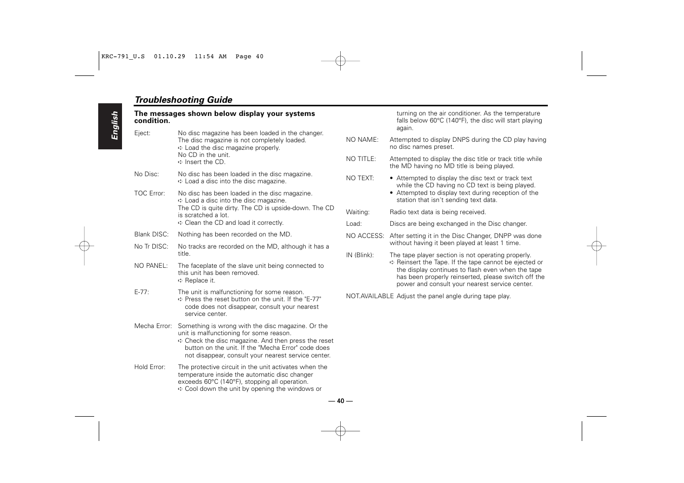 Troubleshooting guide | Kenwood KRC-791 User Manual | Page 40 / 42