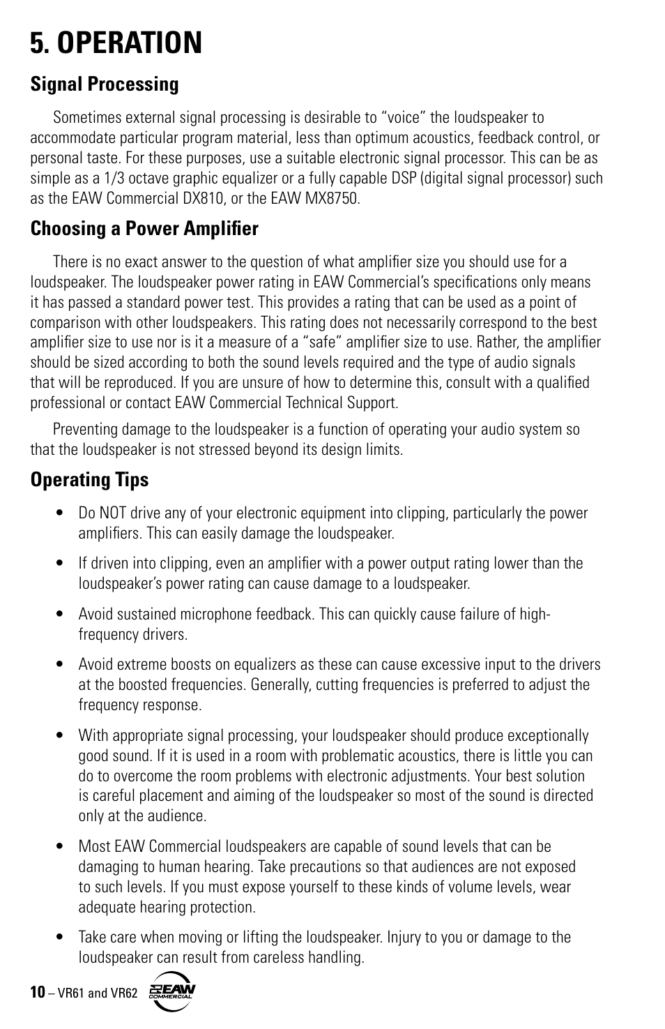 Operation, Signal processing, Choosing a power amplifier | Operating tips | Kenwood VR61 User Manual | Page 10 / 16