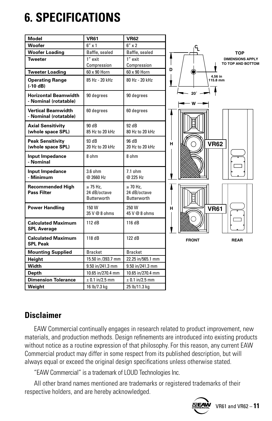 Specifications, Dimensions, Disclaimer | Vr62 vr61 | Kenwood VR61 User Manual | Page 11 / 16