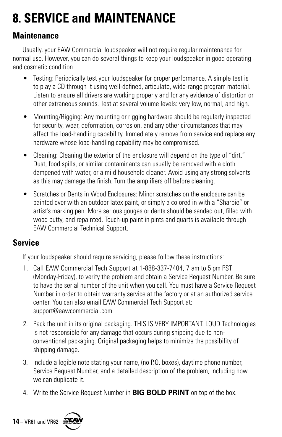 Service and maintenance, Maintenance, Service | Kenwood VR61 User Manual | Page 14 / 16