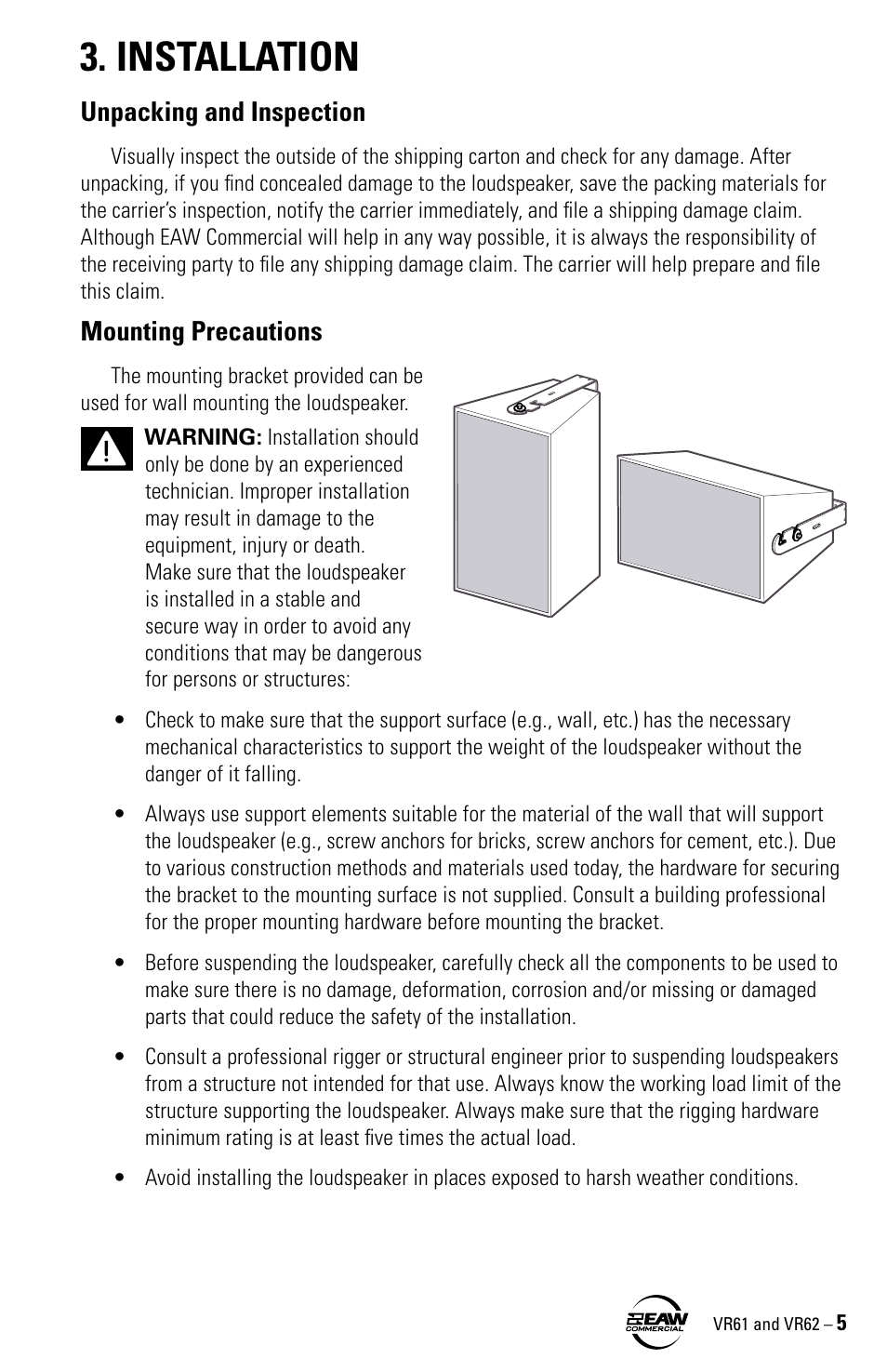 Installation, Unpacking and inspection, Mounting precautions | Kenwood VR61 User Manual | Page 5 / 16