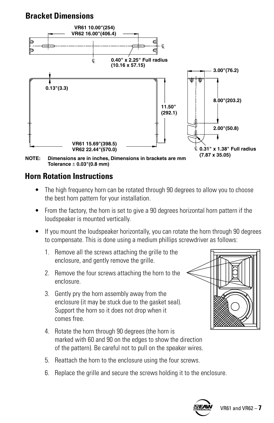 Vr61, Front rear, Horn rotation instructions | Bracket dimensions | Kenwood VR61 User Manual | Page 7 / 16