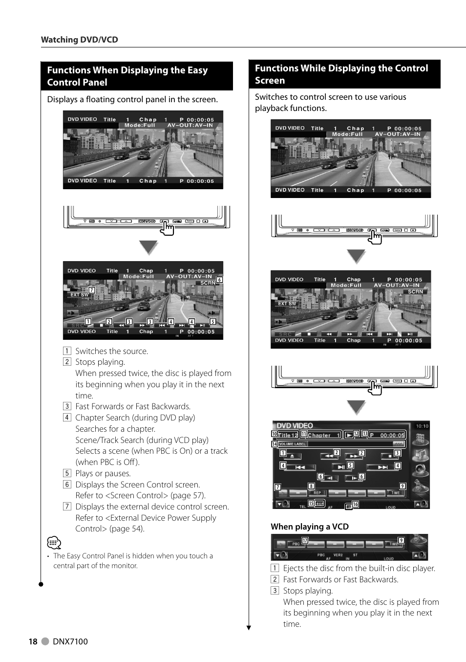 Functions when displaying the easy control panel, Functions while displaying the control screen, Displays a floating control panel in the screen | Watching dvd/vcd, When playing a vcd | Kenwood DNX710EX User Manual | Page 18 / 100