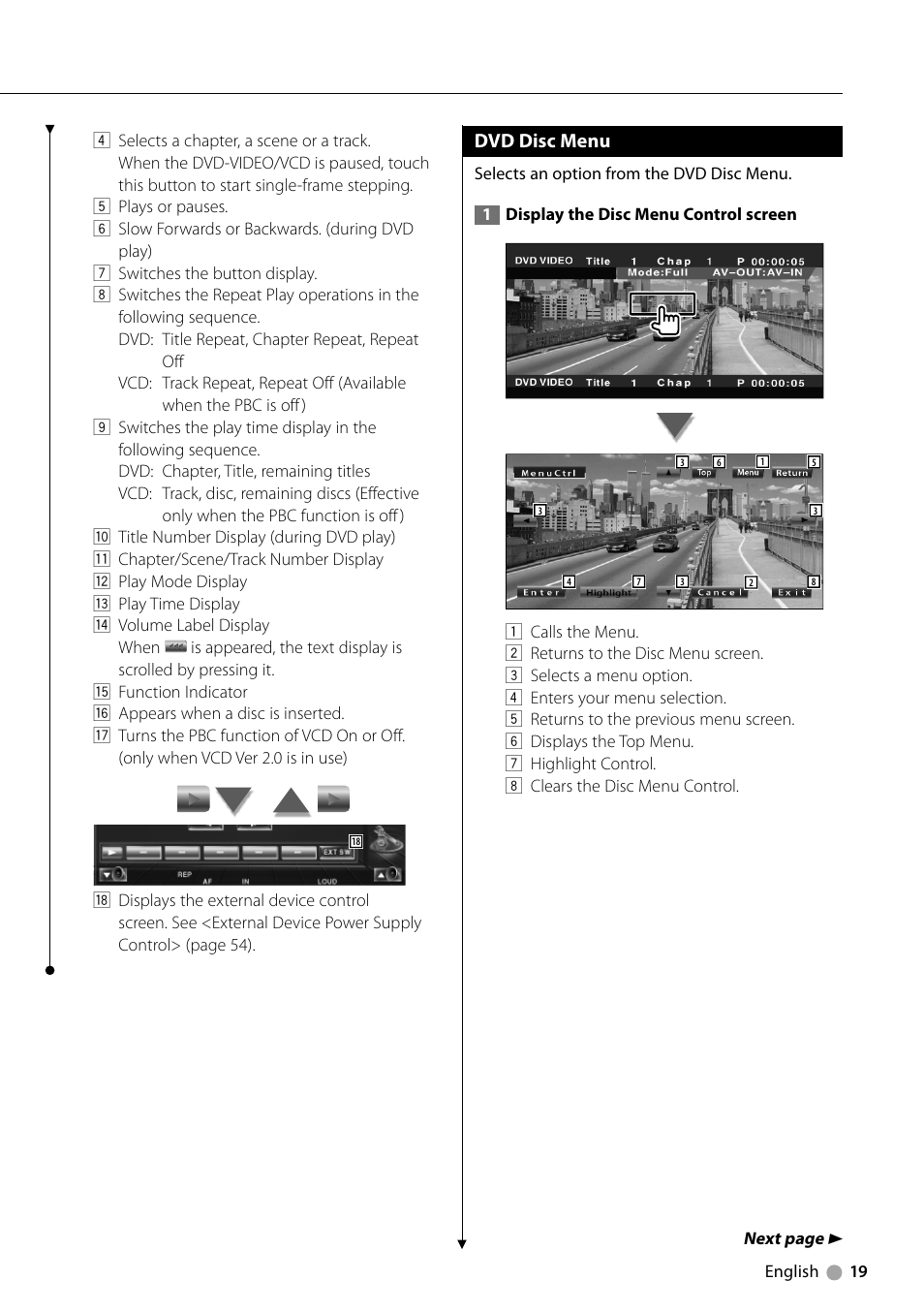 Dvd disc menu | Kenwood DNX710EX User Manual | Page 19 / 100