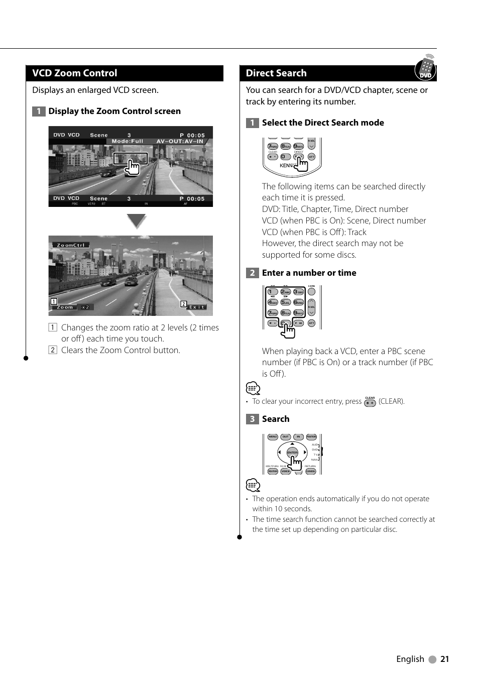 Vcd zoom control, Direct search, English 21 | 3search, Clear) | Kenwood DNX710EX User Manual | Page 21 / 100