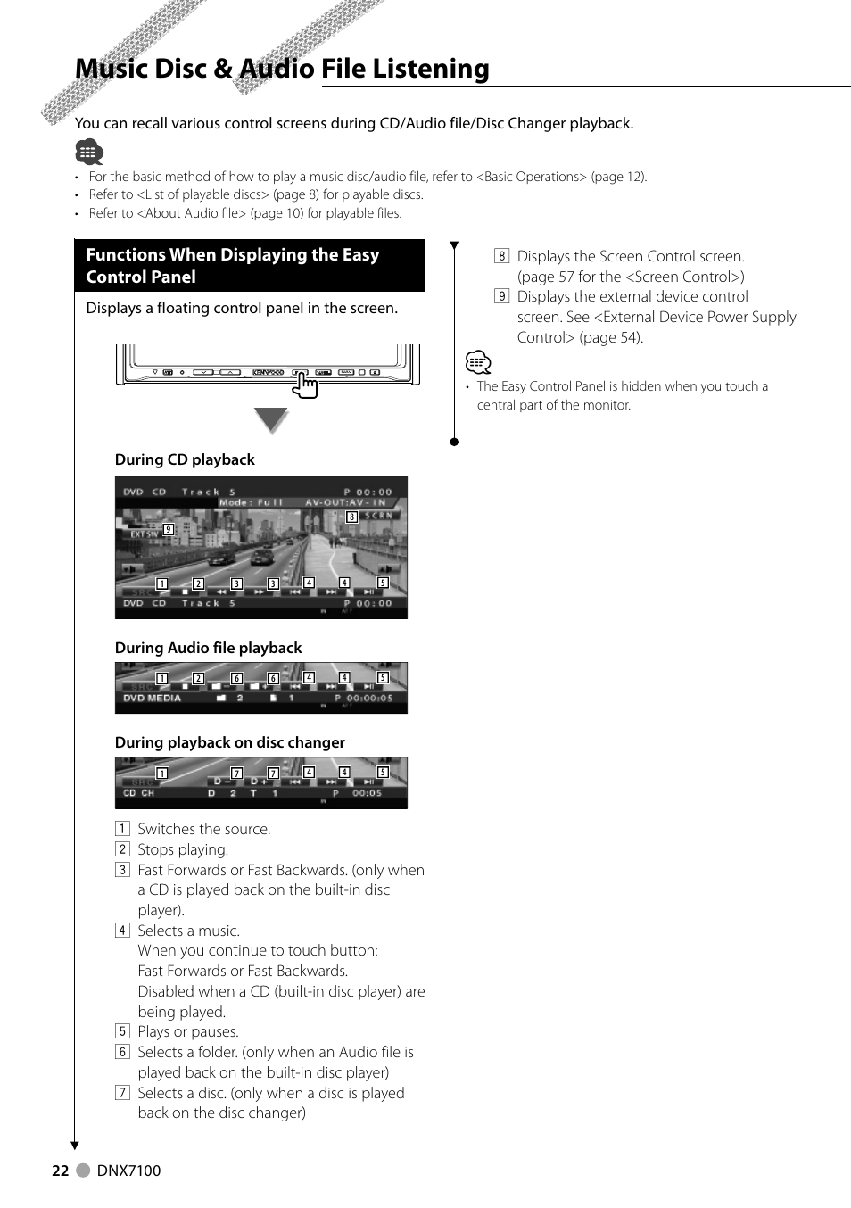 Music disc & audio file listening, Functions when displaying the easy control panel | Kenwood DNX710EX User Manual | Page 22 / 100
