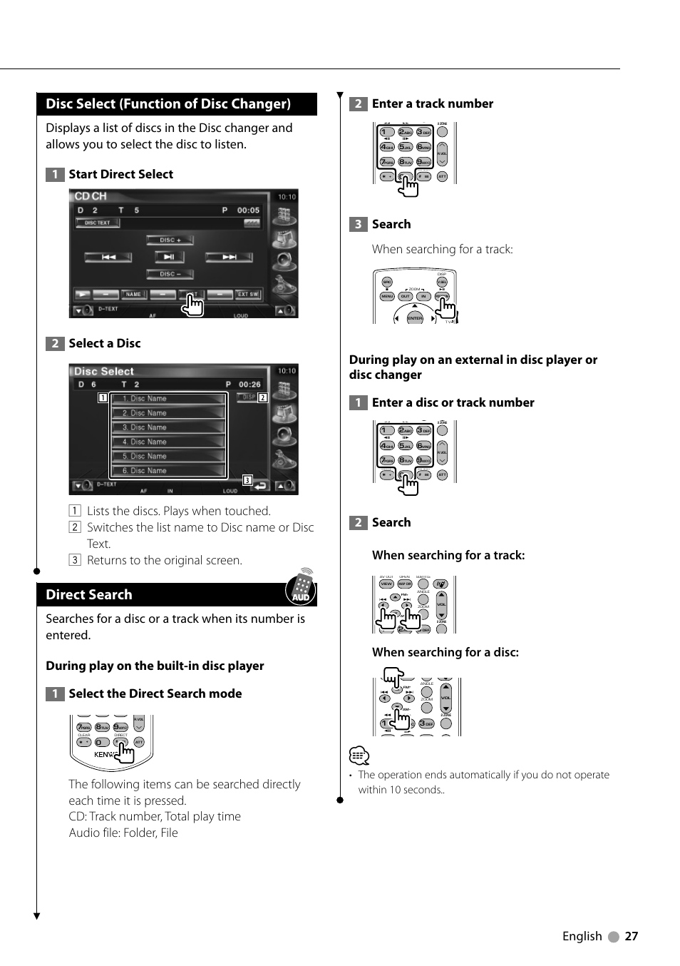 Disc select (function of disc changer), Direct search, English 27 | 3search when searching for a track, 2search when searching for a track, When searching for a disc | Kenwood DNX710EX User Manual | Page 27 / 100