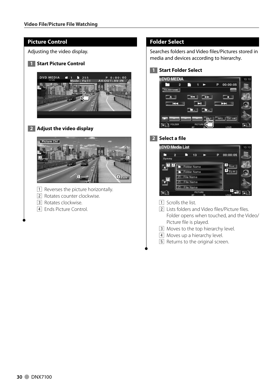 Picture control, Folder select | Kenwood DNX710EX User Manual | Page 30 / 100