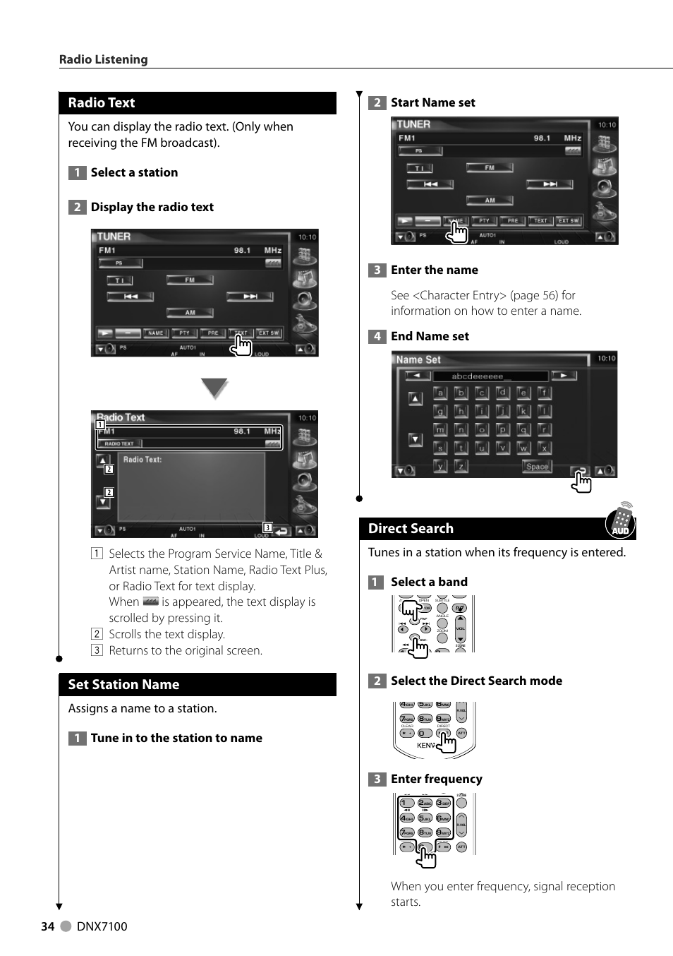 Radio text, Set station name, Direct search | 2select the direct search mode, 3enter frequency, When you enter frequency, signal reception starts | Kenwood DNX710EX User Manual | Page 34 / 100