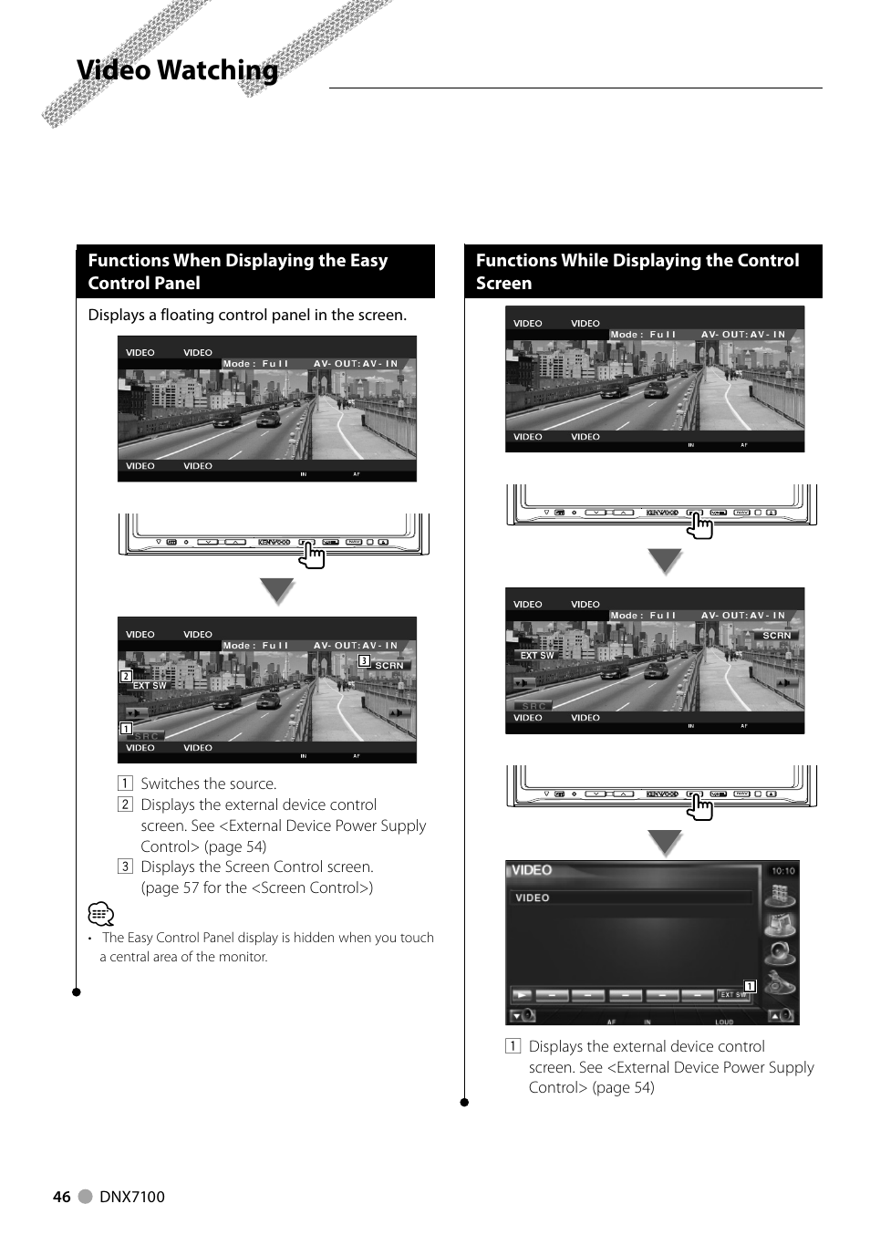 Video watching, Functions when displaying the easy control panel, Functions while displaying the control screen | Kenwood DNX710EX User Manual | Page 46 / 100